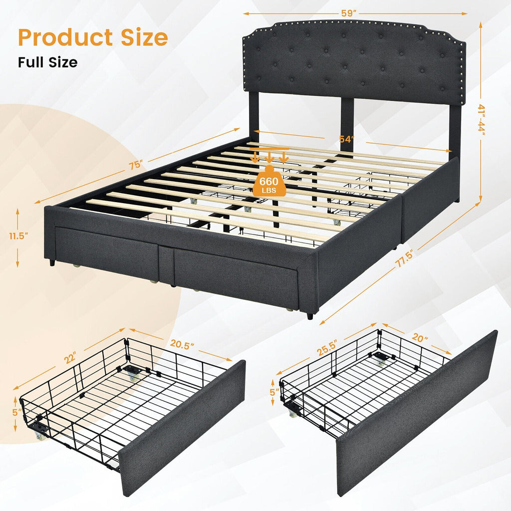 Cama tapizada Queen con almacenamiento, 4 cajones y cabecero de altura ajustable, gris