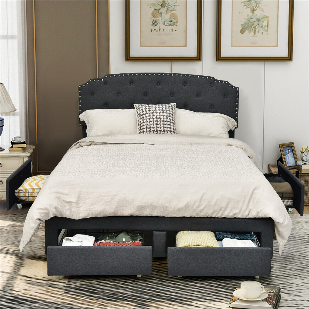 Cama tapizada Queen con almacenamiento, 4 cajones y cabecero de altura ajustable, gris