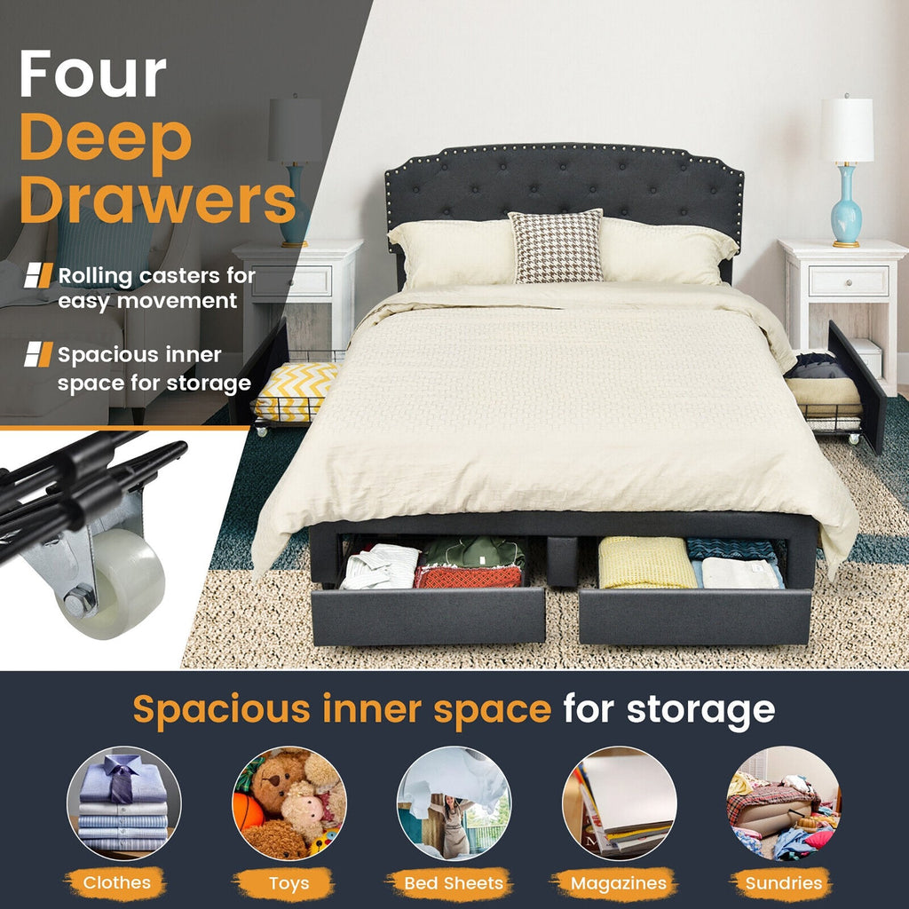 Cama tapizada Queen con almacenamiento, 4 cajones y cabecero de altura ajustable, gris