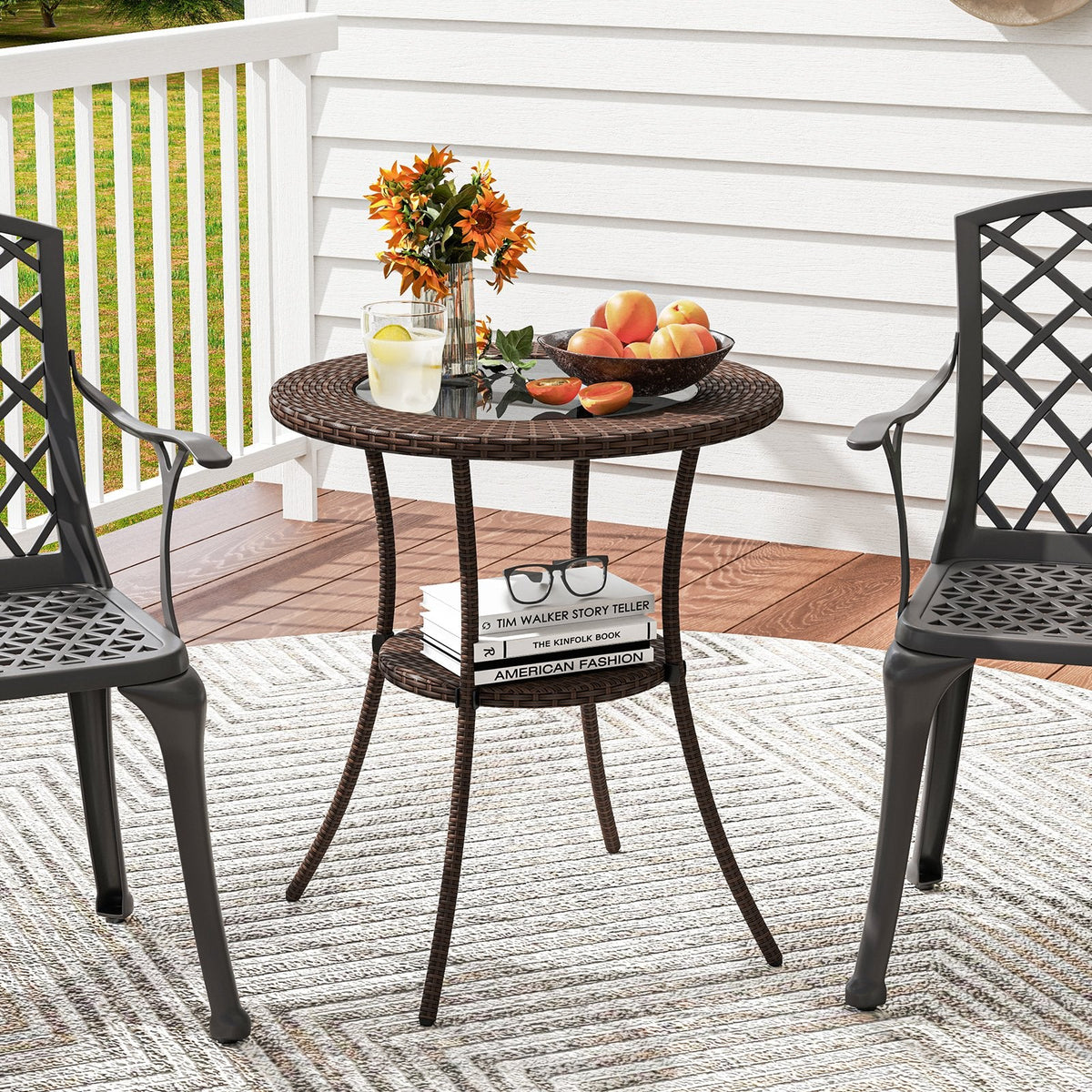 PE Wicker Patio Bistro Table Round with Tempered Glass Top and Shelf