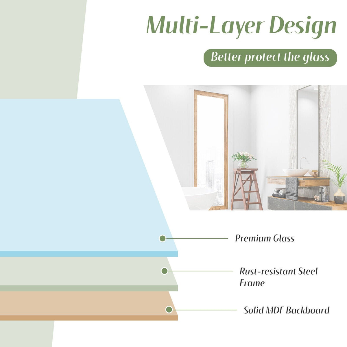 Espejo rectangular de baño para montaje en pared con marco de acero macizo-M