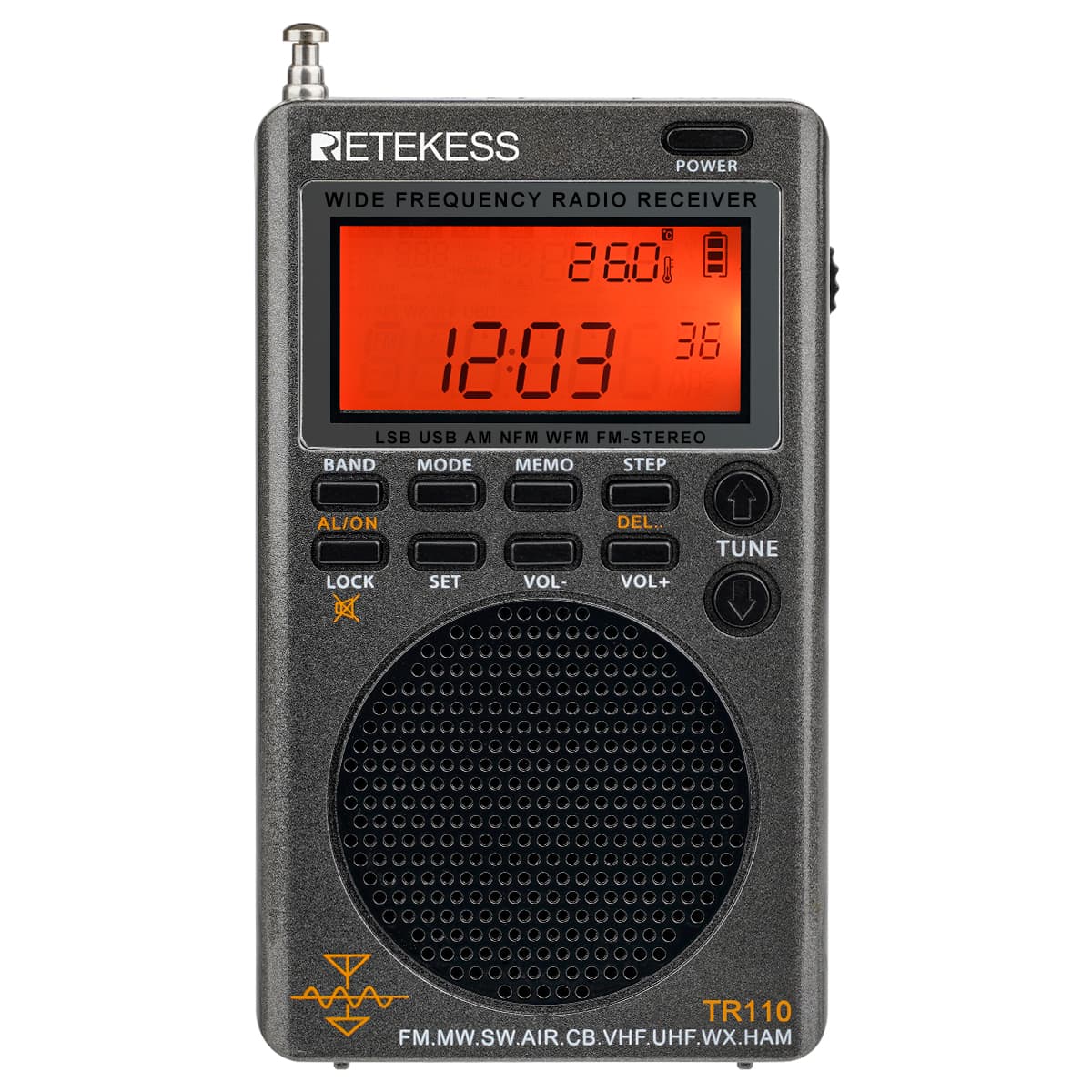Retekess TR110 Radio portátil digital de banda completa FM / MW / SW / USB / AIR / CB / VHF / NOAA / UHF
