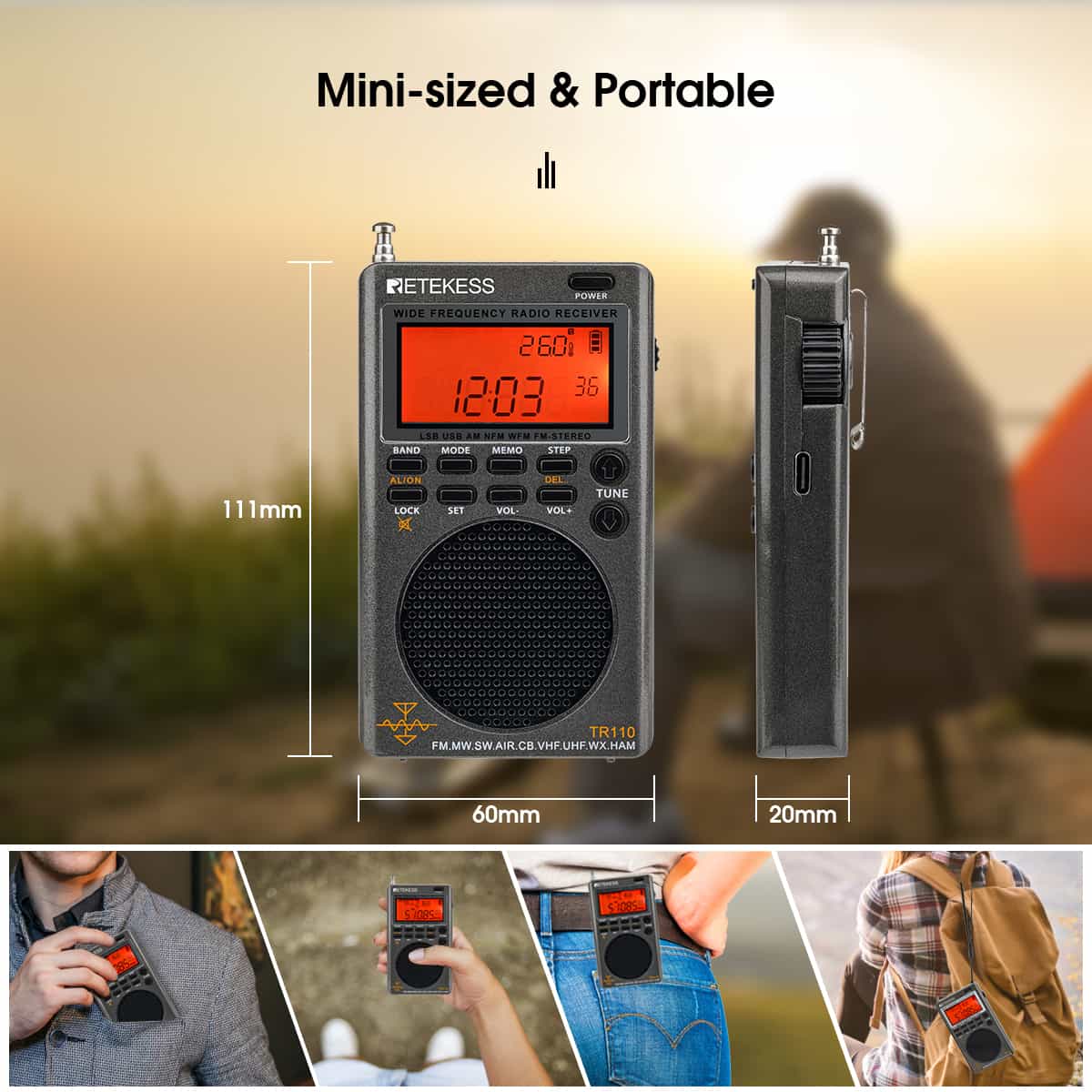 Retekess TR110 Radio portátil digital de banda completa FM / MW / SW / USB / AIR / CB / VHF / NOAA / UHF