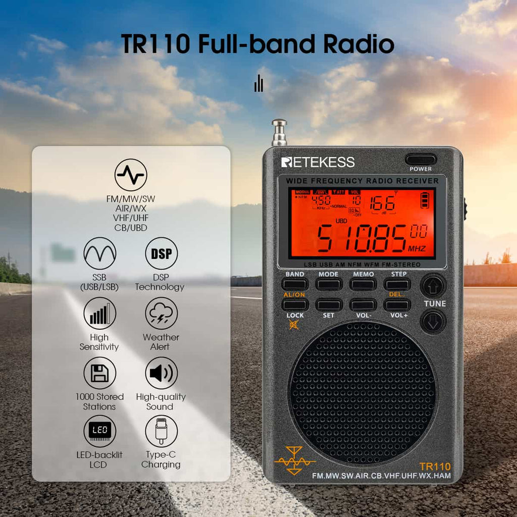 Retekess TR110 Radio portátil digital de banda completa FM / MW / SW / USB / AIR / CB / VHF / NOAA / UHF