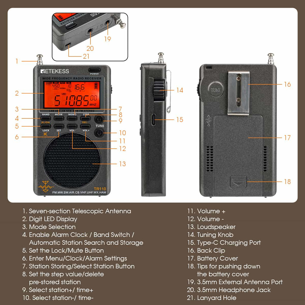 Retekess TR110 Radio portátil digital de banda completa FM / MW / SW / USB / AIR / CB / VHF / NOAA / UHF