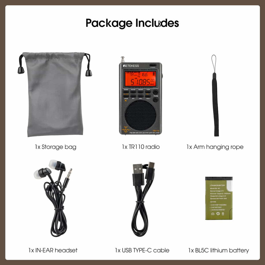 Retekess TR110 Radio portátil digital de banda completa FM / MW / SW / USB / AIR / CB / VHF / NOAA / UHF