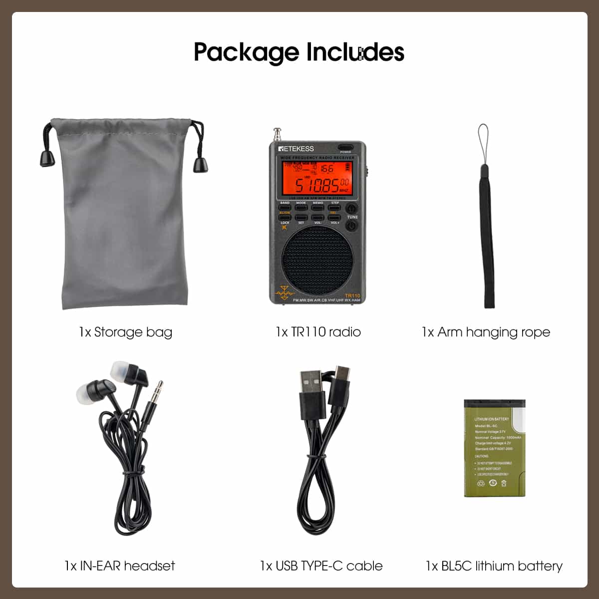 Retekess TR110 Radio portátil digital de banda completa FM / MW / SW / USB / AIR / CB / VHF / NOAA / UHF