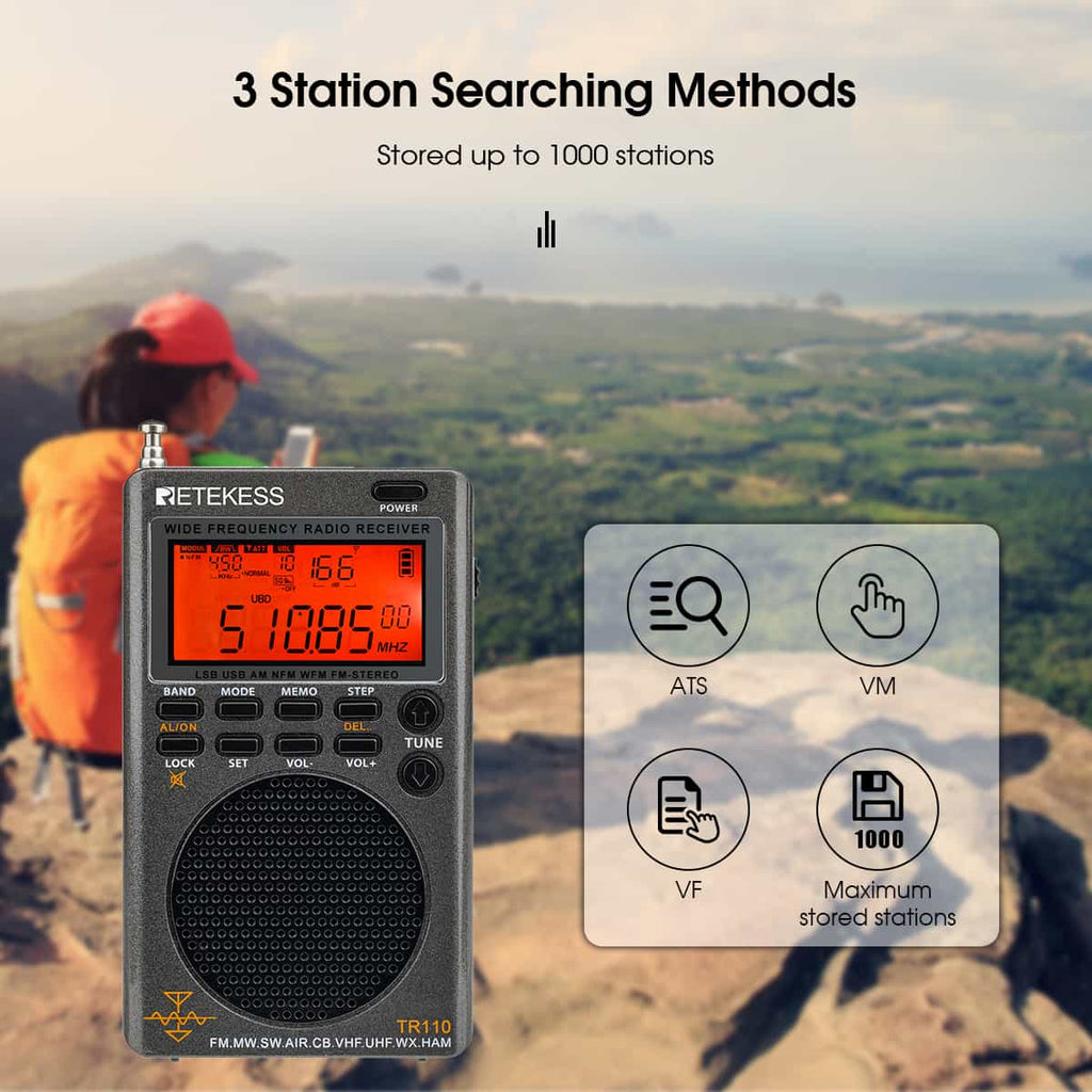 Retekess TR110 Radio portátil digital de banda completa FM / MW / SW / USB / AIR / CB / VHF / NOAA / UHF
