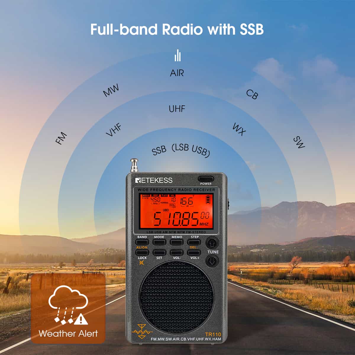 Retekess TR110 Radio portátil digital de banda completa FM / MW / SW / USB / AIR / CB / VHF / NOAA / UHF