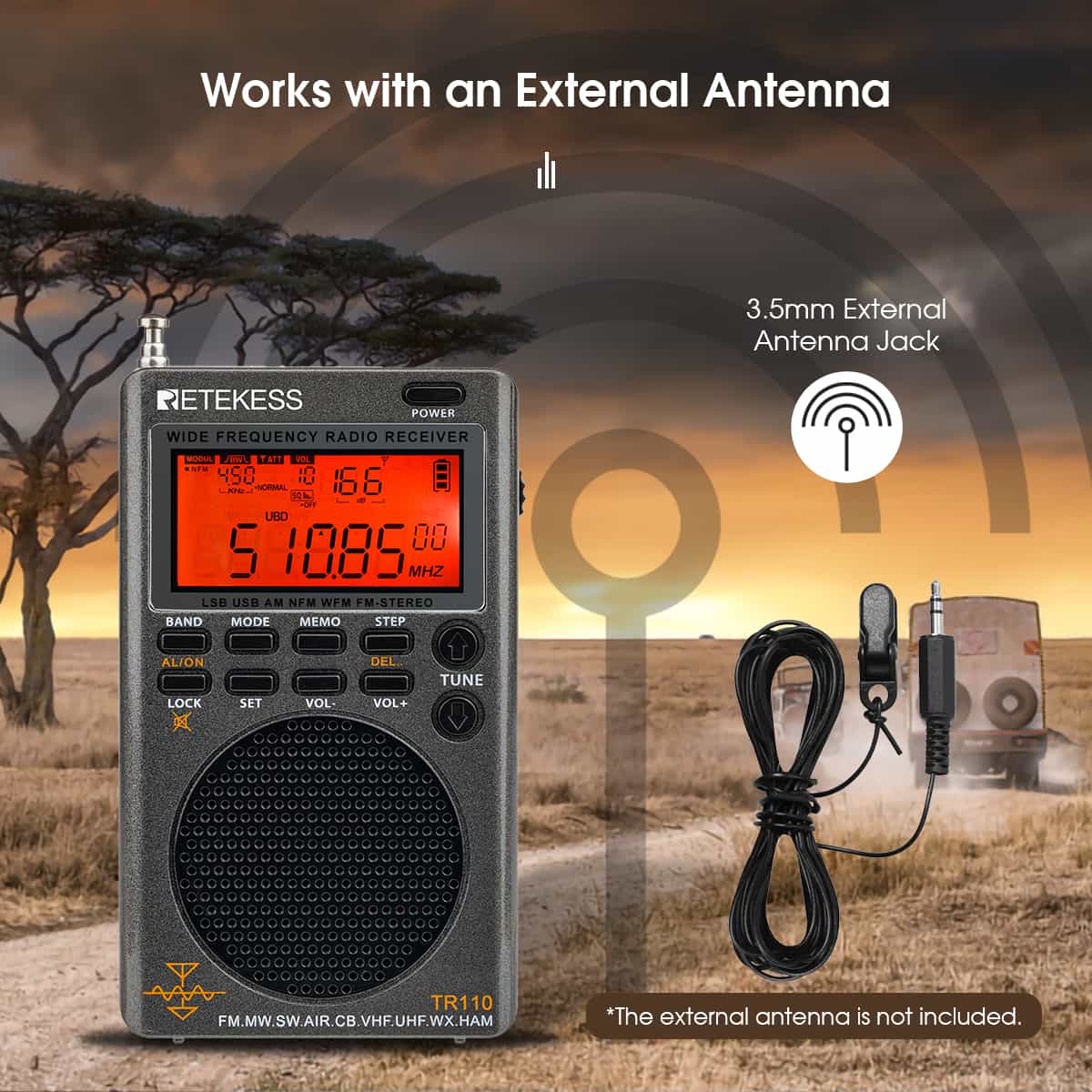 Retekess TR110 Radio portátil digital de banda completa FM / MW / SW / USB / AIR / CB / VHF / NOAA / UHF