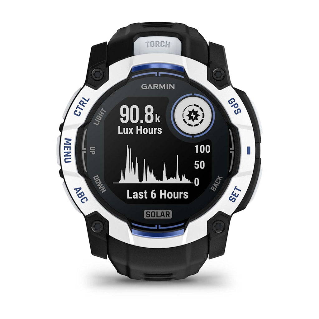 Instinct® 3 – 50 mm, Solar Whitestone con correa en Black/Bolt Blue