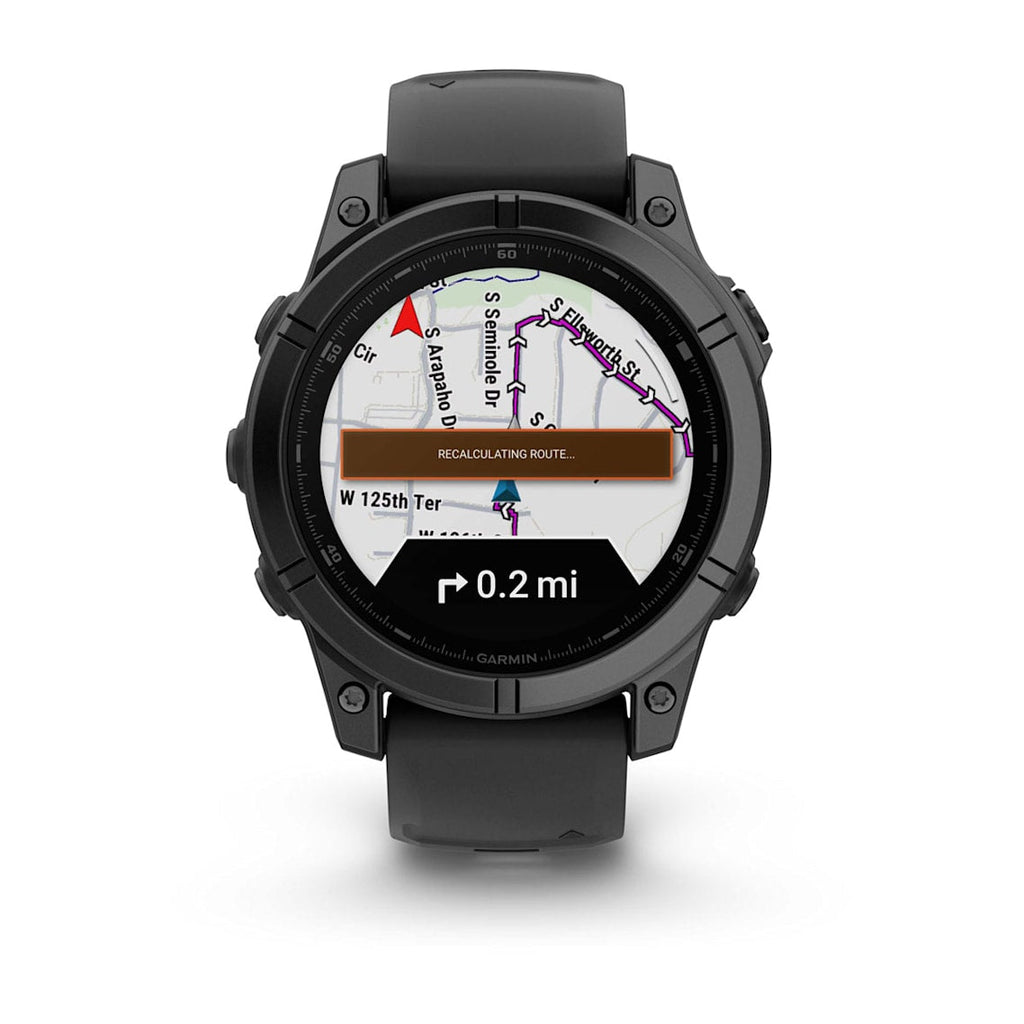 Fēnix® E – 47 mm, AMOLED Gris pizarra acero con correa de silicona negra