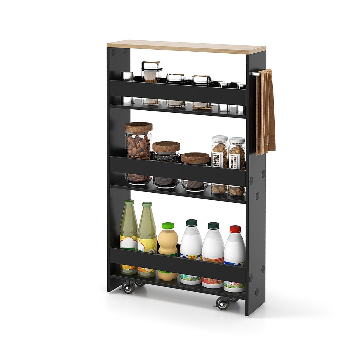 Carro de almacenamiento estrecho para cocina con ruedas, organizador móvil con estantes y asa - Negro