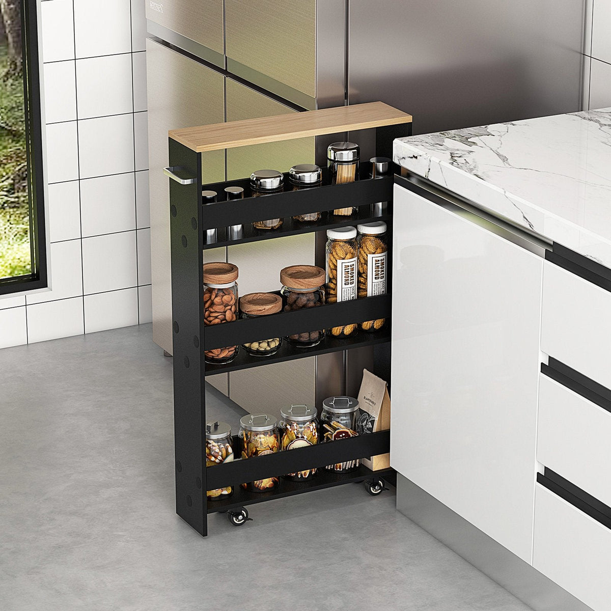 Carro de almacenamiento estrecho para cocina con ruedas, organizador móvil con estantes y asa - Negro