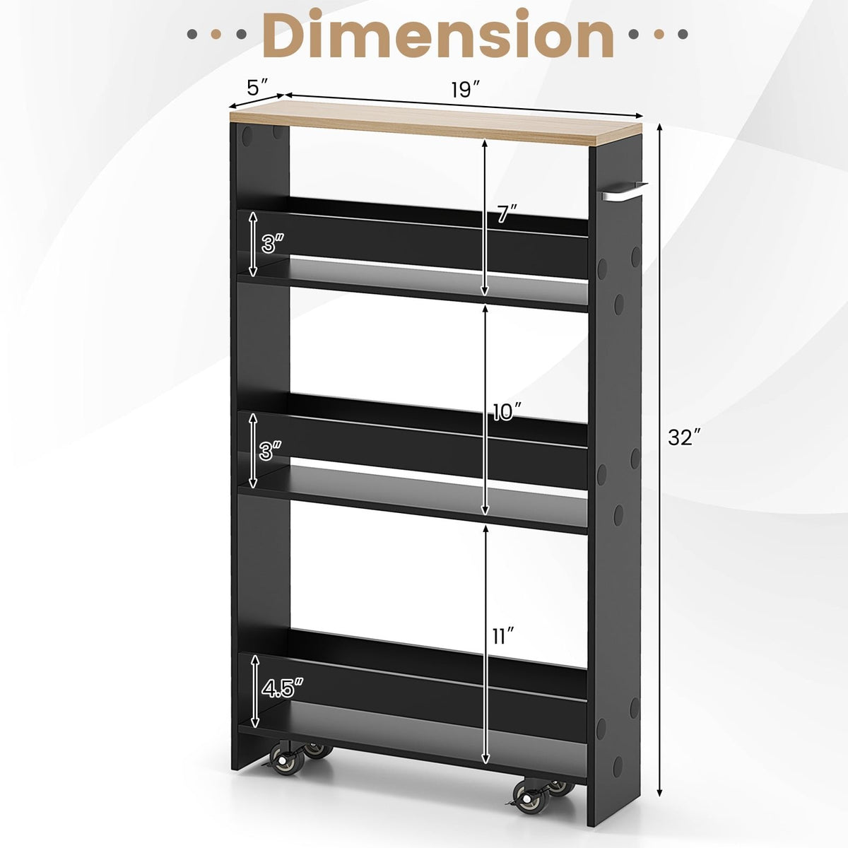 Carro de almacenamiento estrecho para cocina con ruedas, organizador móvil con estantes y asa - Negro