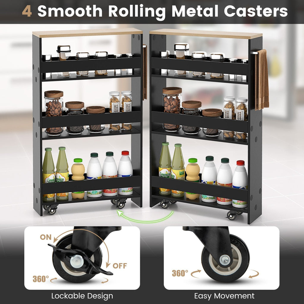 Carro de almacenamiento estrecho para cocina con ruedas, organizador móvil con estantes y asa - Negro