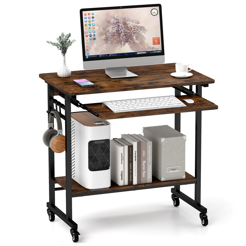 Rollbarer Laptop-Tisch mit ausziehbarer Tastaturablage und Haken – Rustikales Braun