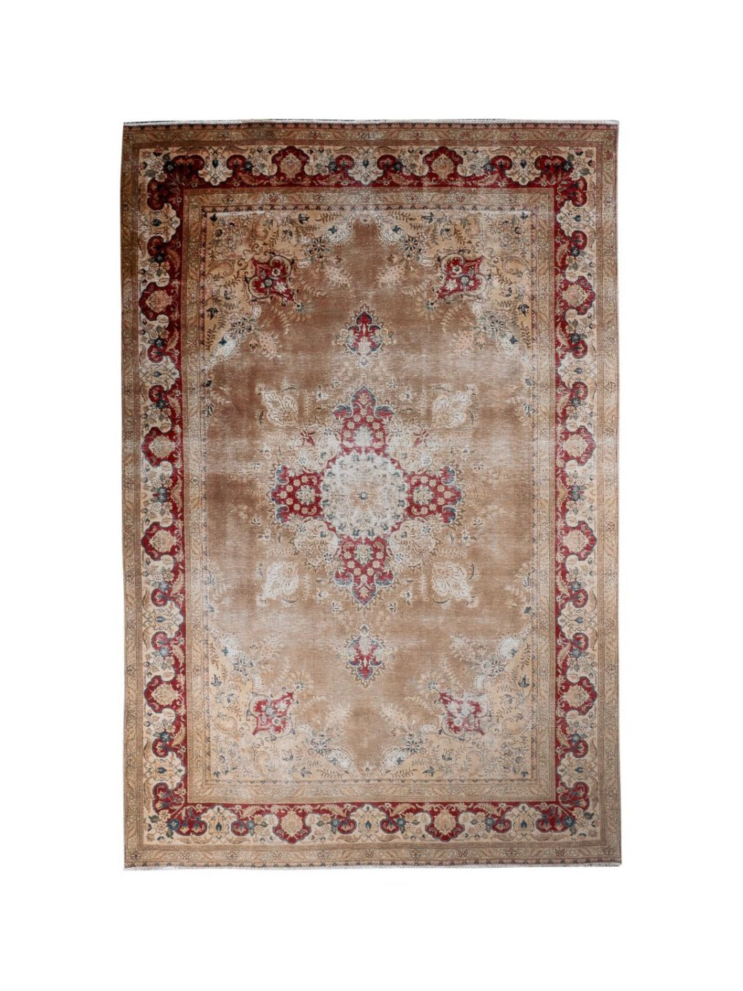 Persian Tabriz Rug — Ruby Florals on Soft Taupe | 7'5" × 11'4"