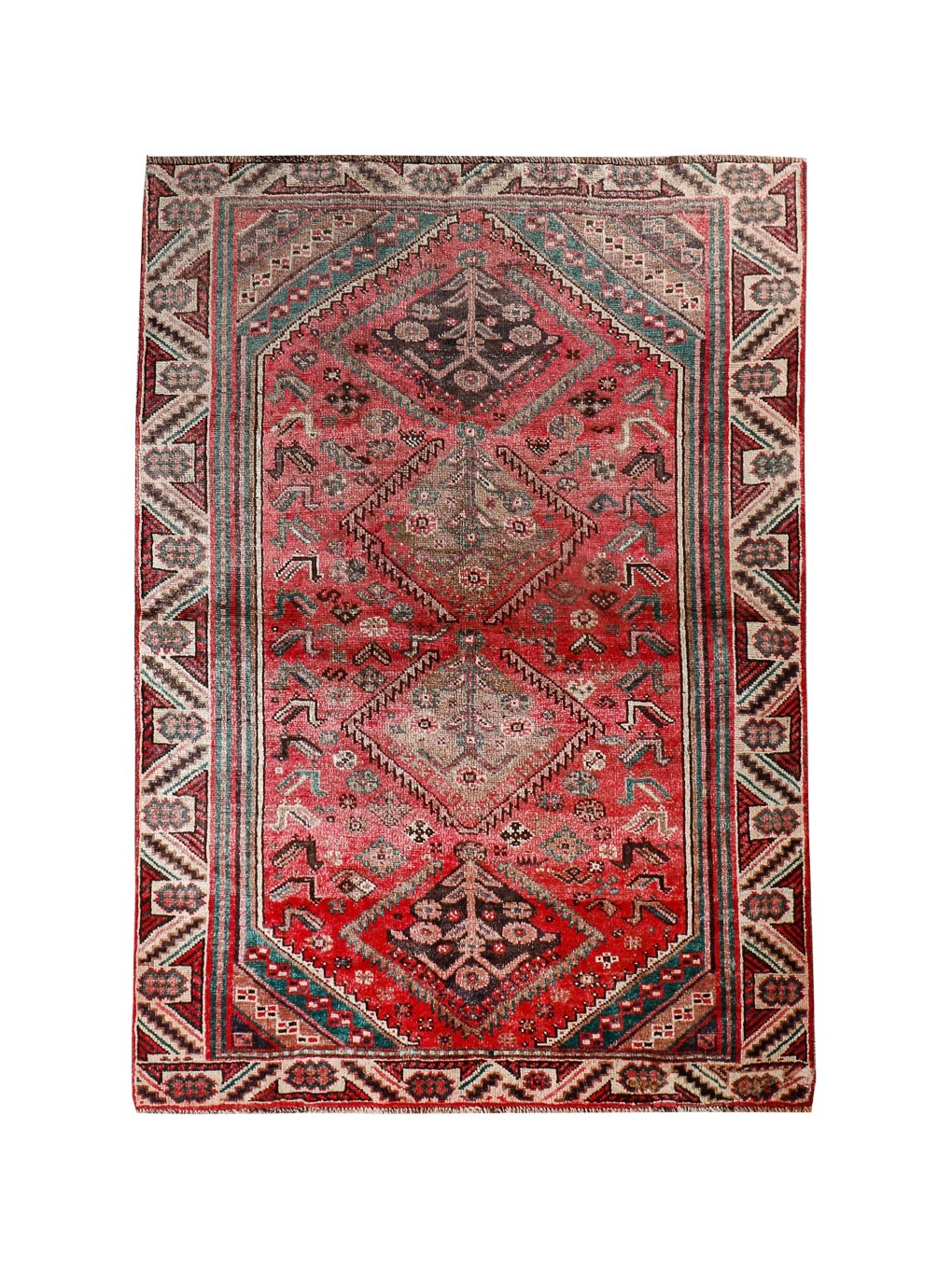 Persian Shiraz Rug — Crimson & Seafoam Tribal Diamonds | 4'9" × 6'9"