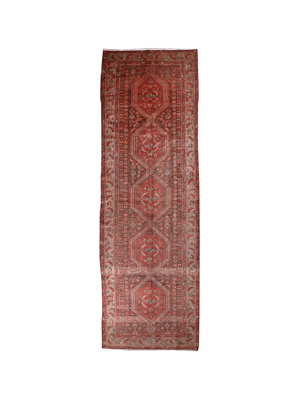 Persian Hamadan Runner — Chestnut & Brick Five Medallions | 4'5" × 13'9"