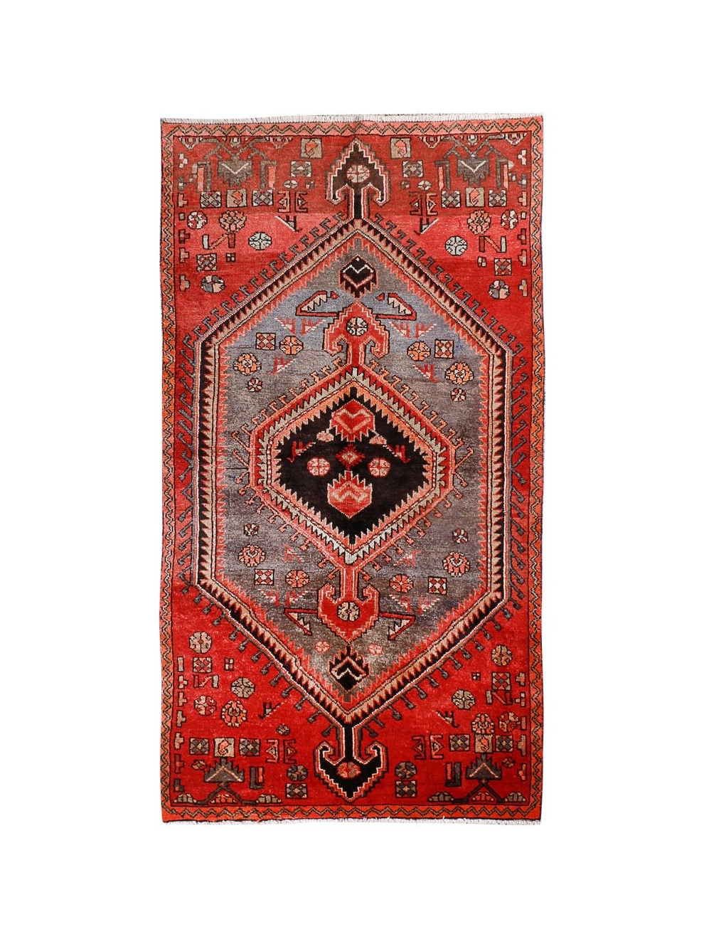 Persian Zanjan Rug — Coral & Slate Nested Medallions | 3'8" × 7'