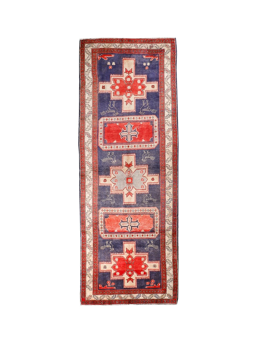 Northwest Persian Runner — Indigo Medallions & Rooster Motifs | 3'11" × 10'7"