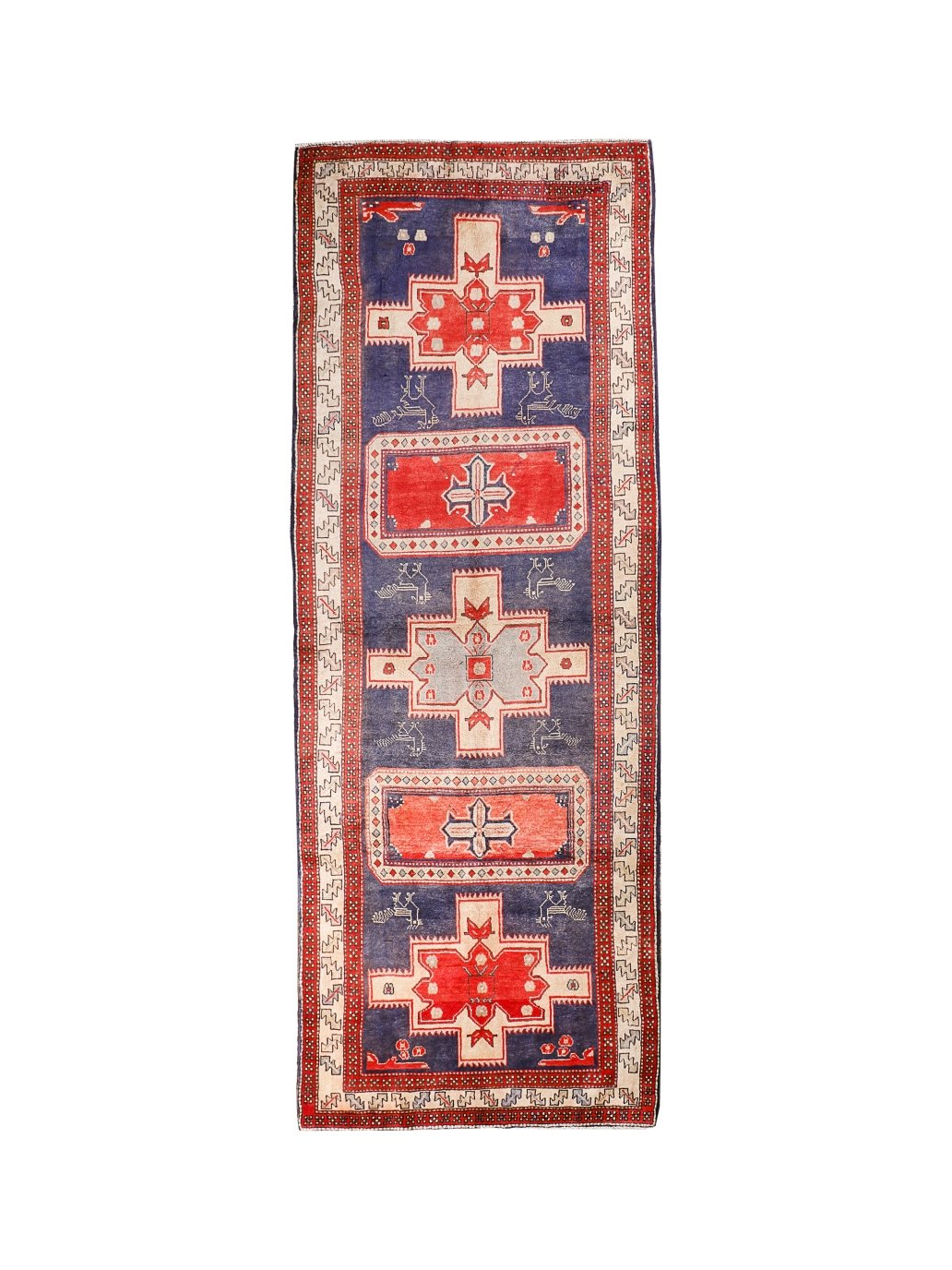 Northwest Persian Runner — Indigo Medallions & Rooster Motifs | 3'11" × 10'7"