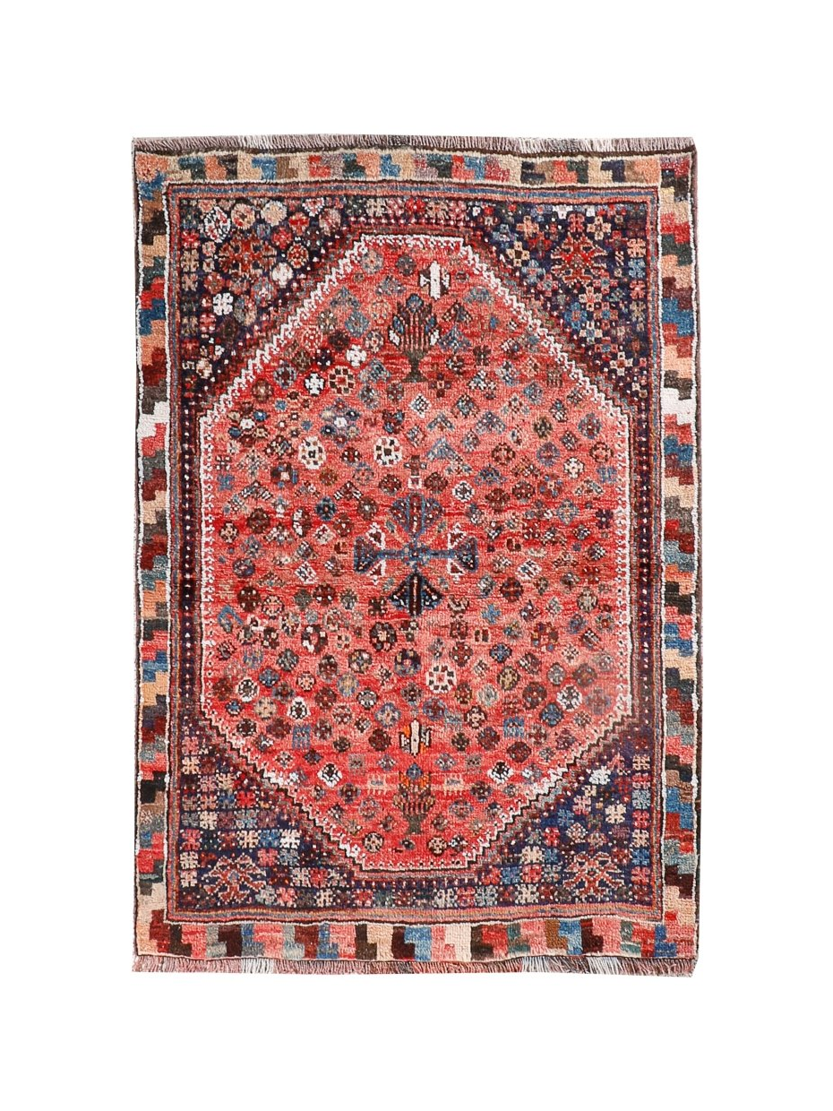 Persian Shiraz Rug — Coral Rosettes & Checkered Border | 3'6" × 5'1"