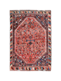 Persian Shiraz Rug — Coral Rosettes & Checkered Border | 3'6" × 5'1"