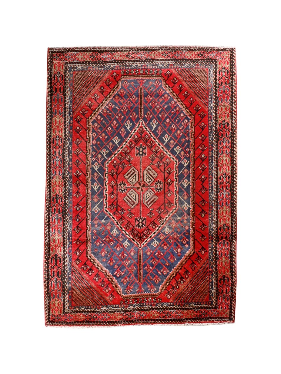 Persian Shahr-e Babak Rug — Ruby & Indigo Geometric Medallion | 5'5" × 7'3"