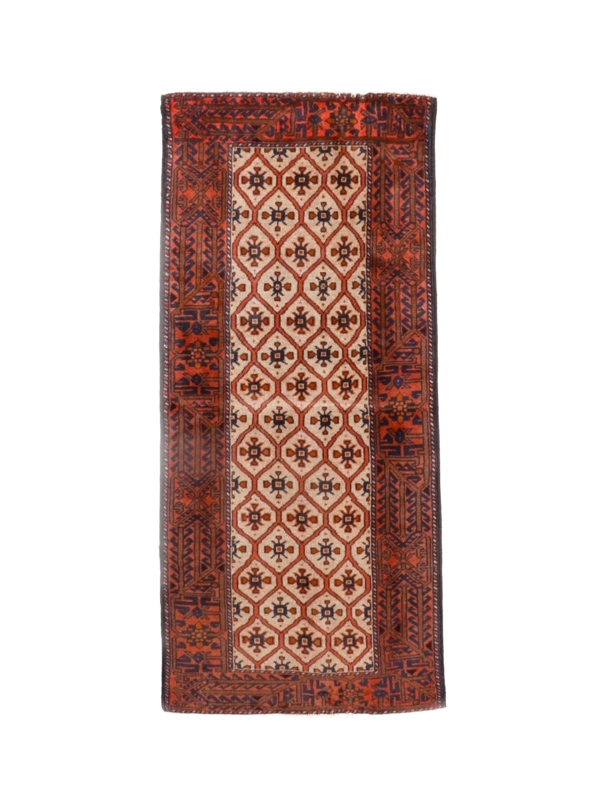 Quchan Kurdish Runner — Ivory Rosette Lattice & Rust Border | 2'10" × 6'9"