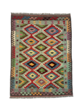 Kilim afgano de Maimana — Rombos dentados en salvia y rubí | 5' × 6'7"