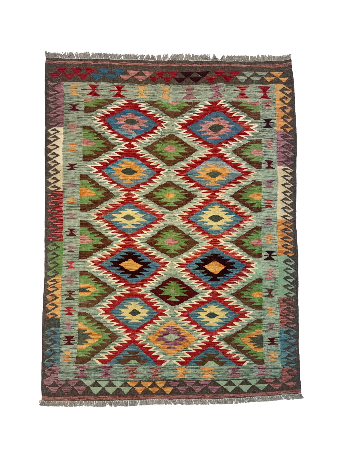 Kilim afgano de Maimana — Rombos dentados en salvia y rubí | 5' × 6'7"