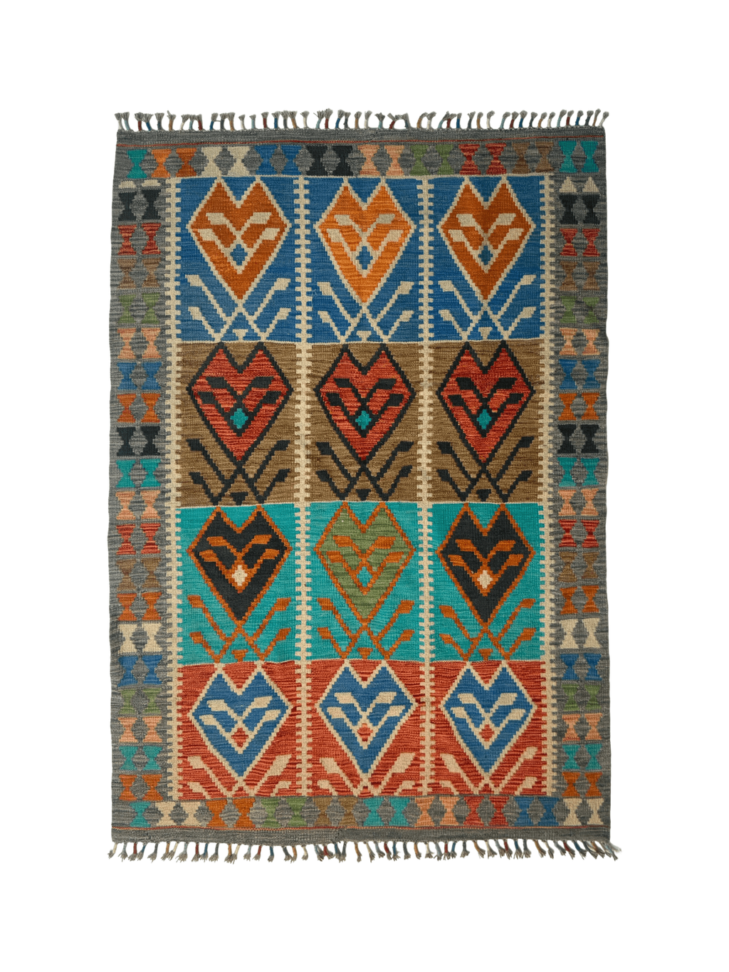 Afghanischer Maimana-Kelim — Türkis & Terrakotta-Geometrie | 4'1" × 5'9"