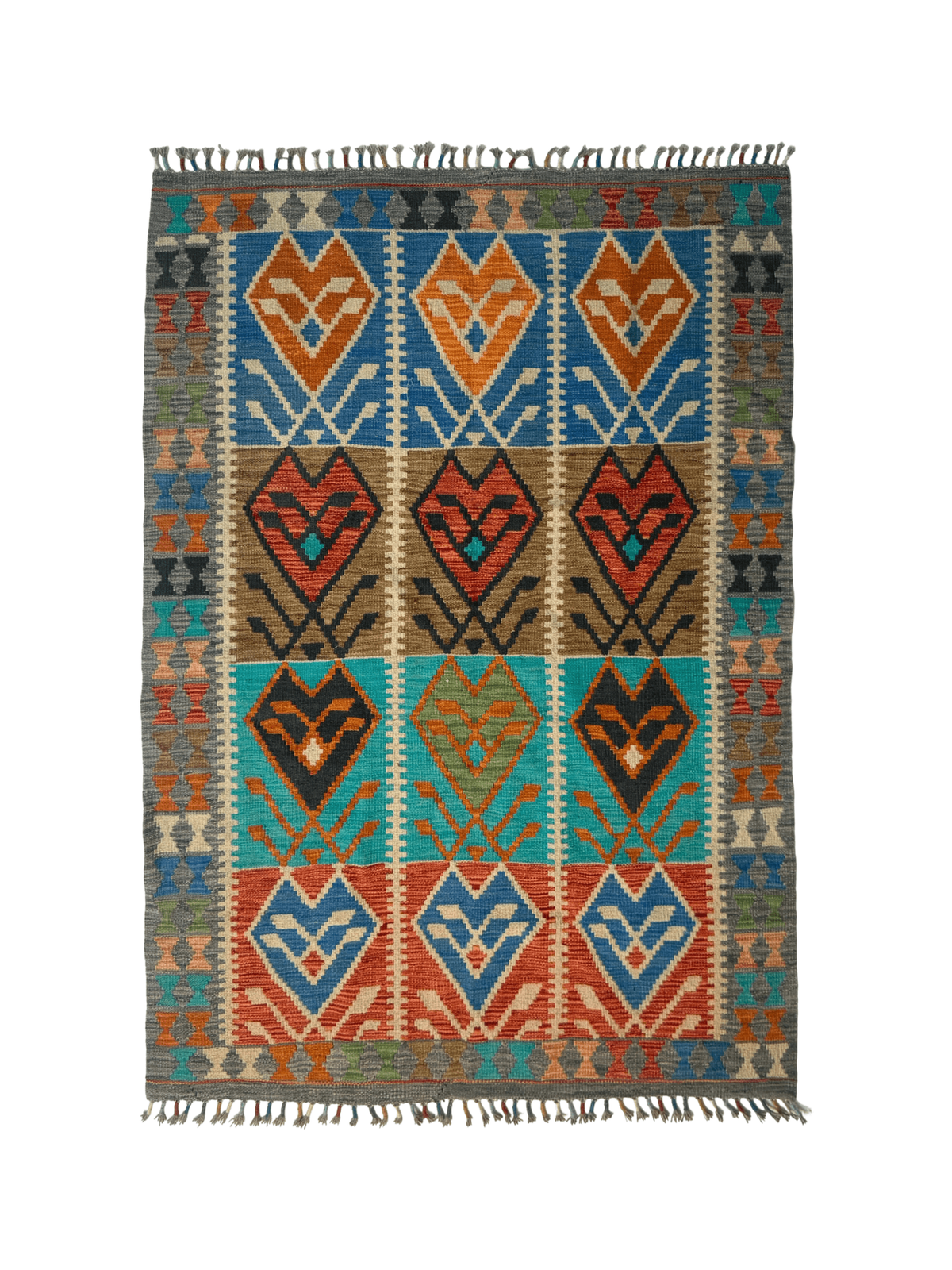 Afghanischer Maimana-Kelim — Türkis & Terrakotta-Geometrie | 4'1" × 5'9"
