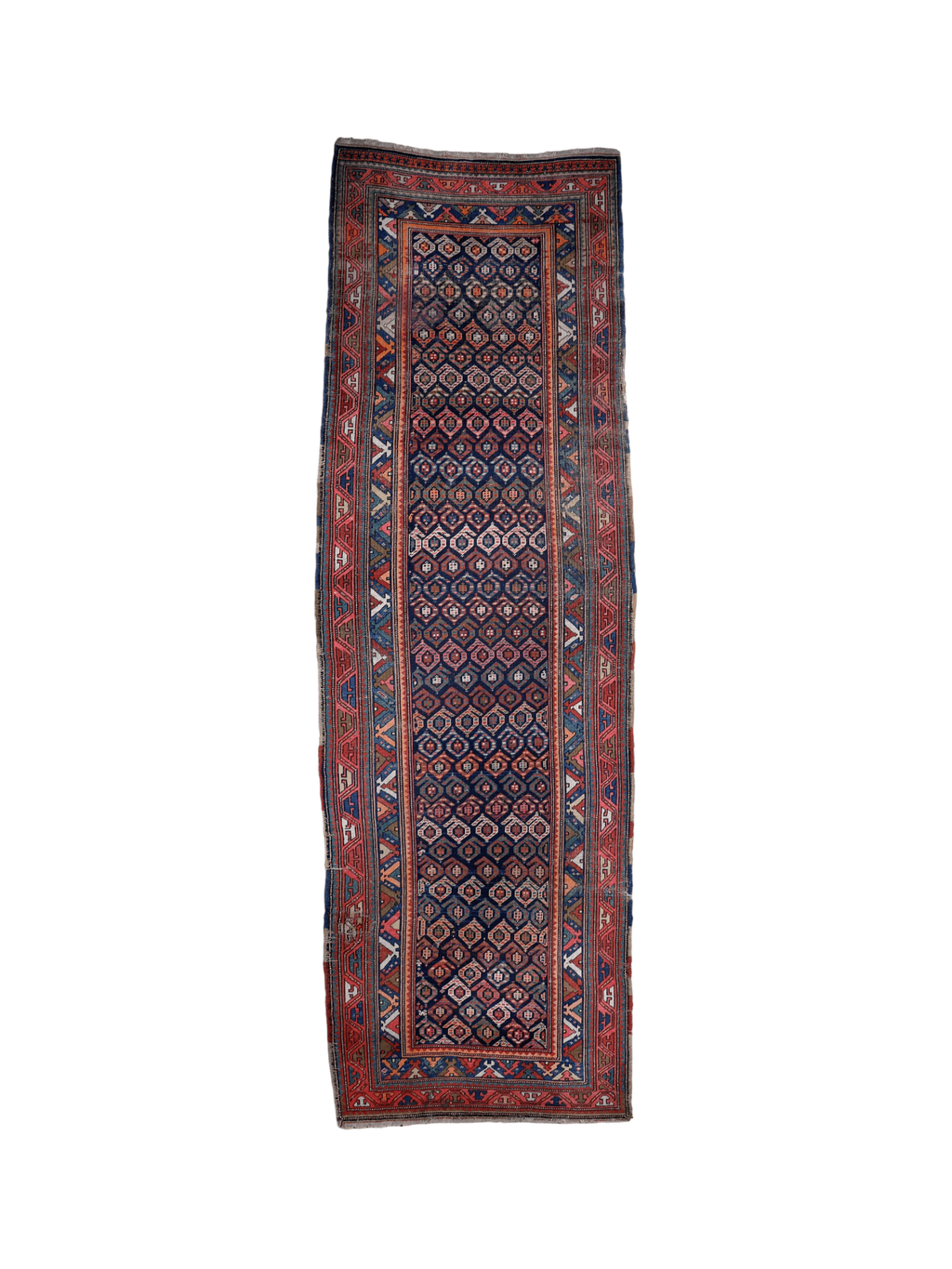 Antiker kaukasischer Kazak-Läufer — Juwelton-Boteh auf Indigo | 4'4" × 13'9"