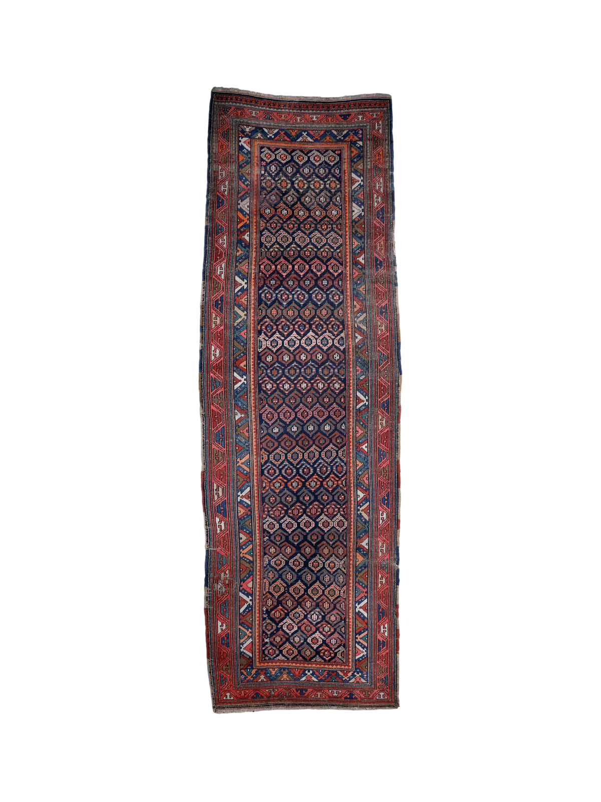 Antiker kaukasischer Kazak-Läufer — Juwelton-Boteh auf Indigo | 4'4" × 13'9"