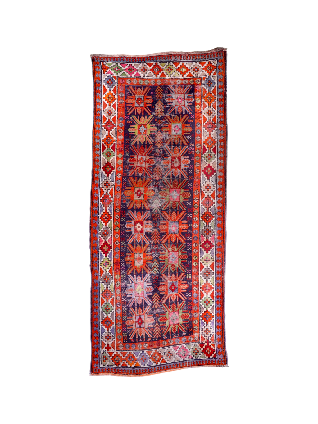 Tapis de couloir ancien caucasien Kazak — Rosaces soleil couleur potiron | 3'11" × 8'10"
