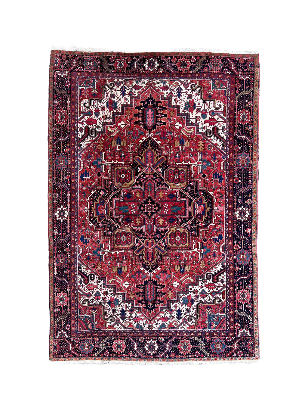 Persischer Khuniq-Heriz-Teppich — Kamel- und blaues, Tajeri-inspiriertes Design | 9'5" × 12'10"