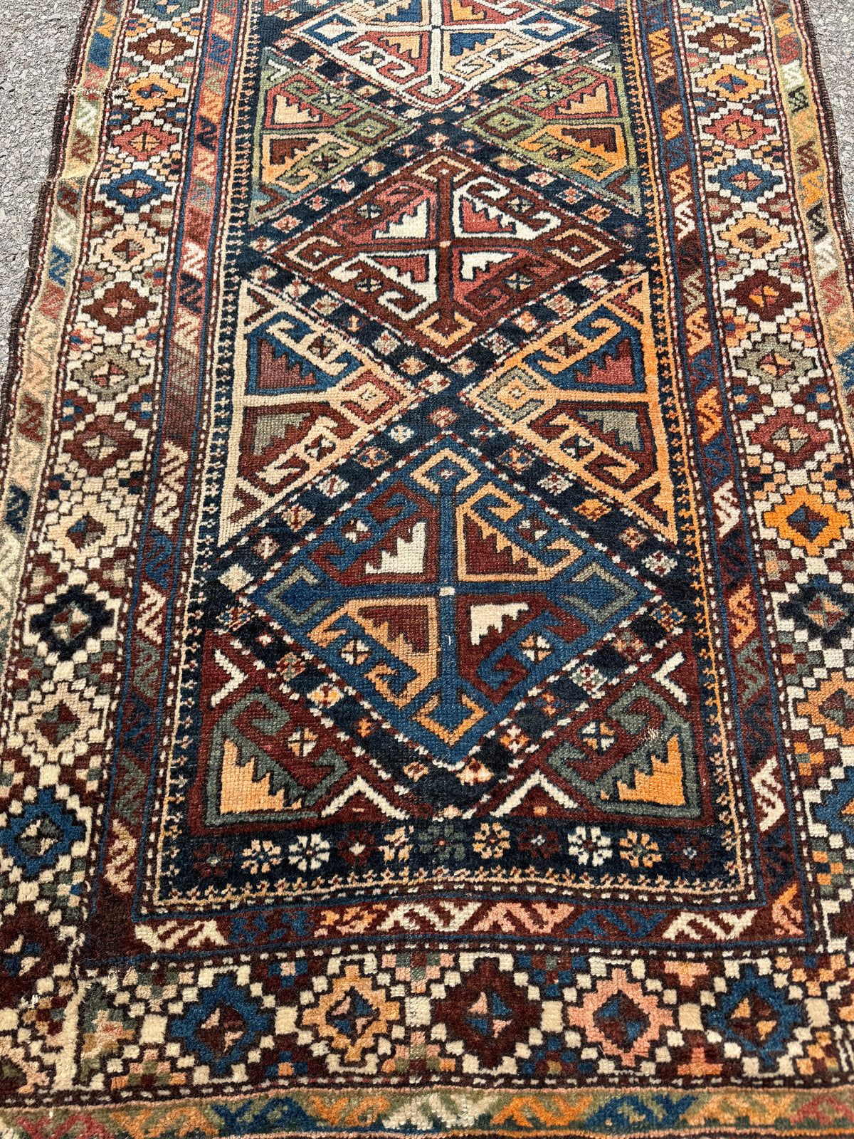 Antique Shahsavan Runner — Indigo & Saffron Tribal Geometry | 3'5" × 9'6"