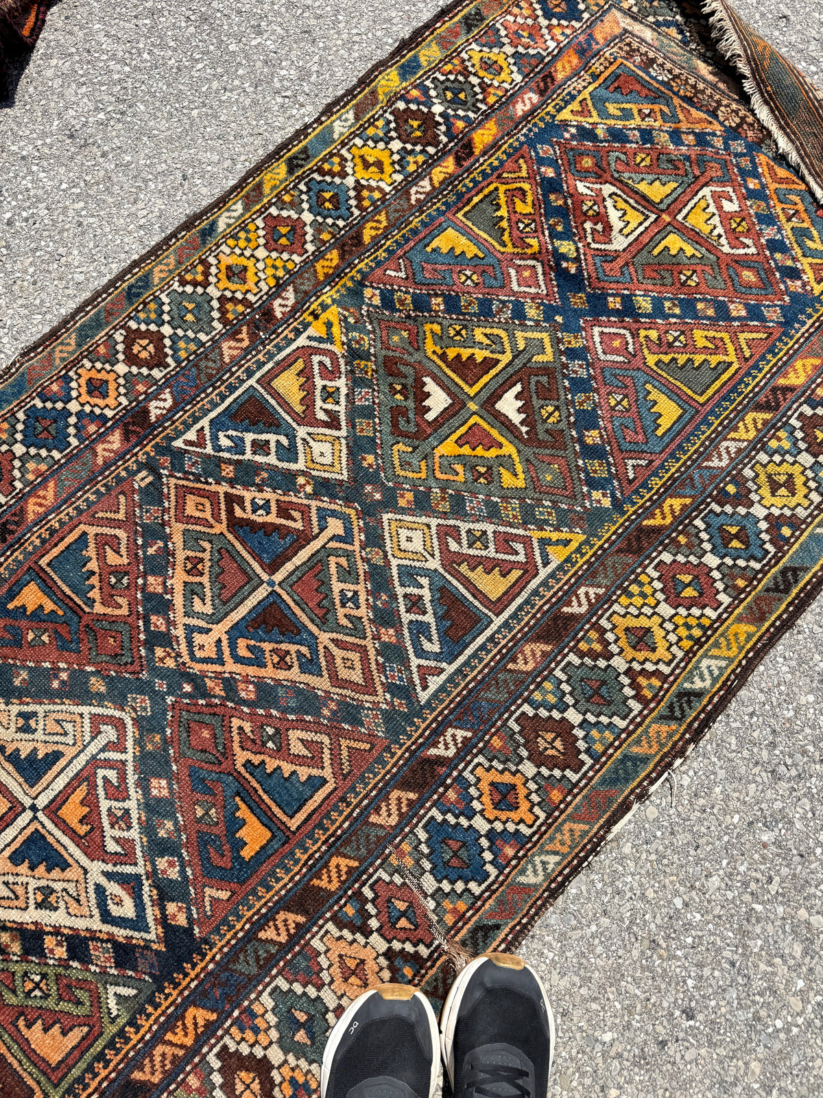 Antique Shahsavan Runner — Indigo & Saffron Tribal Geometry | 3'5" × 9'6"