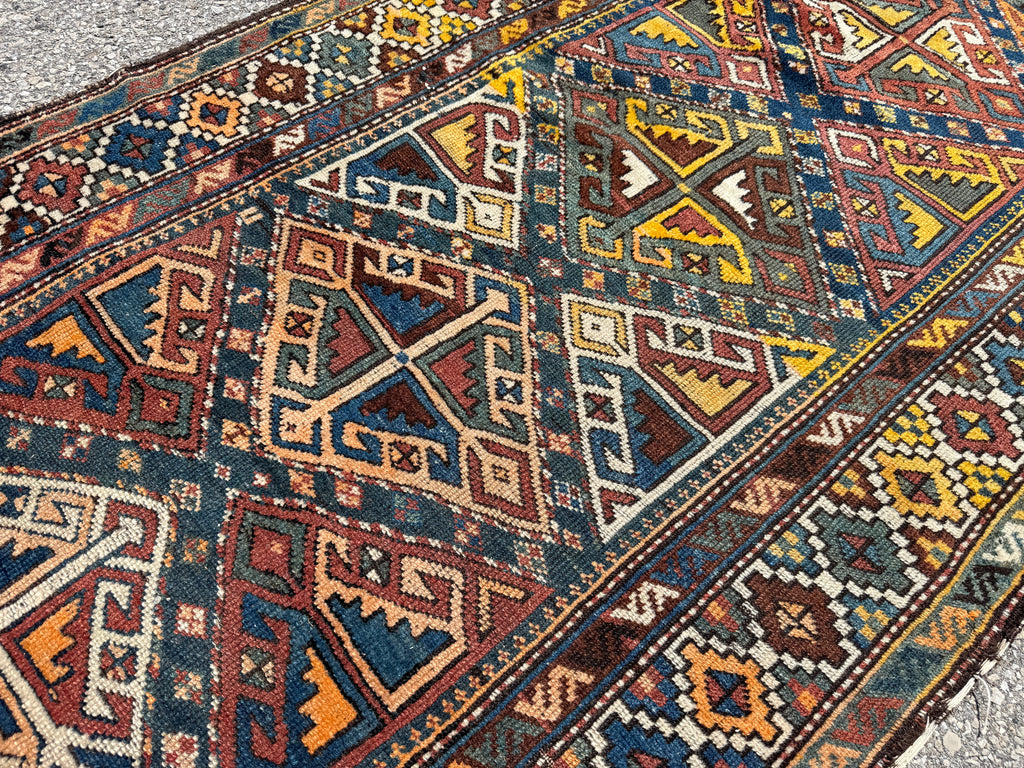 Antique Shahsavan Runner — Indigo & Saffron Tribal Geometry | 3'5" × 9'6"