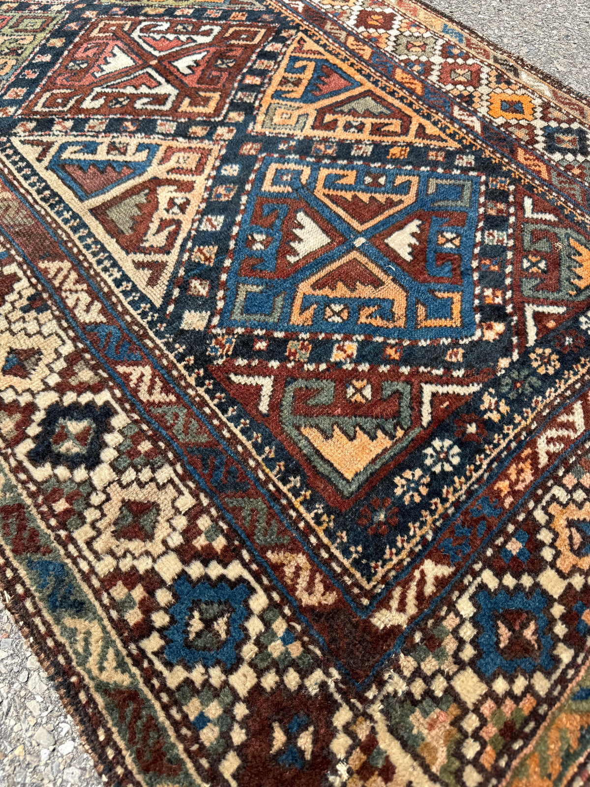 Antique Shahsavan Runner — Indigo & Saffron Tribal Geometry | 3'5" × 9'6"