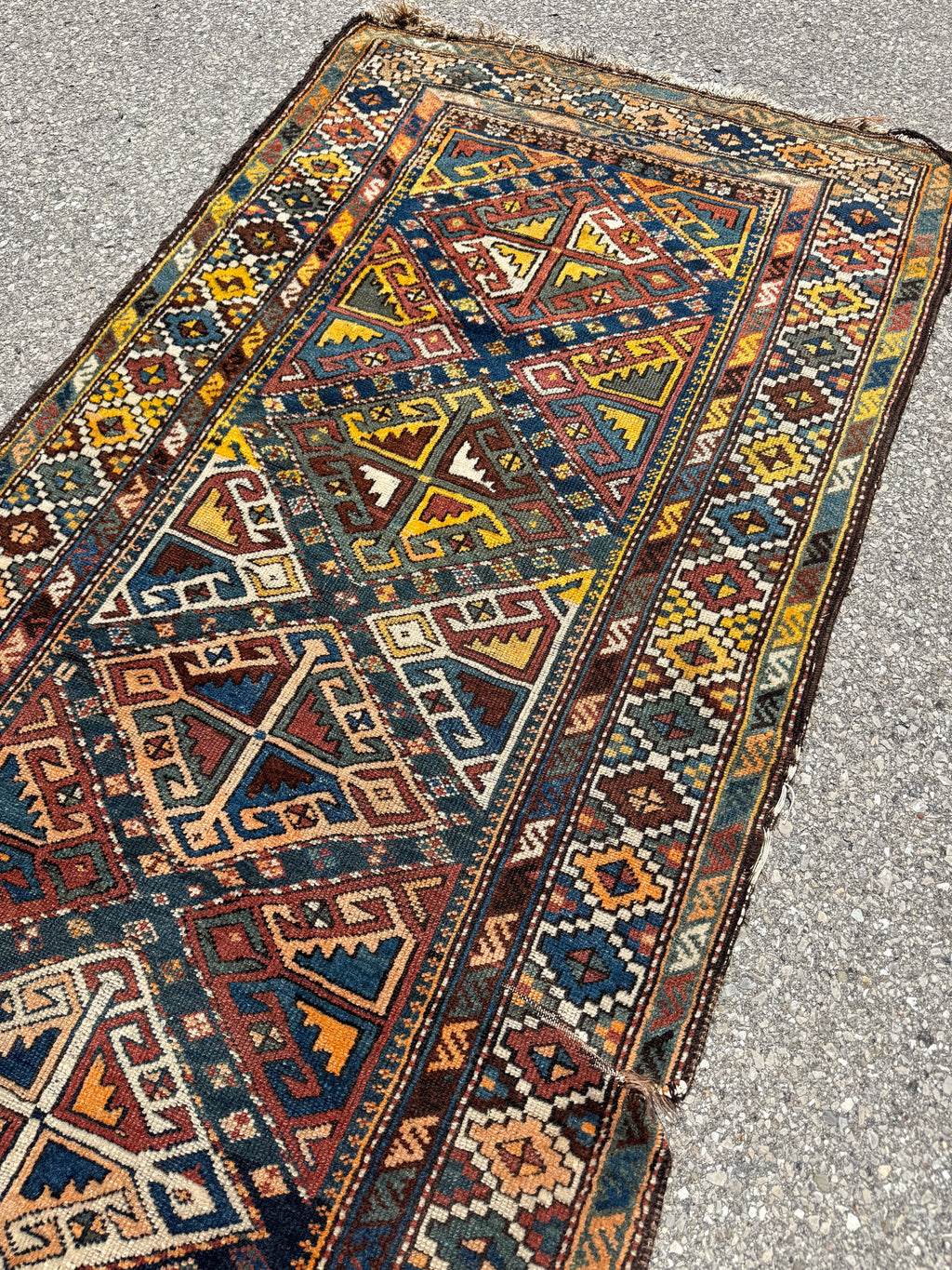 Antique Shahsavan Runner — Indigo & Saffron Tribal Geometry | 3'5" × 9'6"