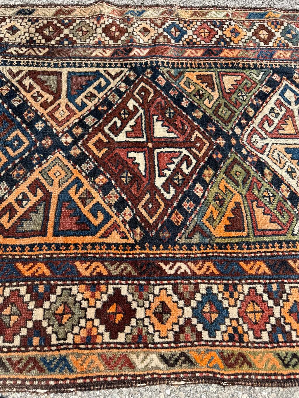 Antique Shahsavan Runner — Indigo & Saffron Tribal Geometry | 3'5" × 9'6"