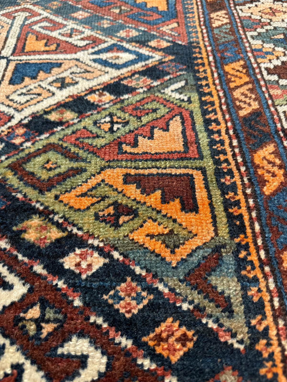 Antique Shahsavan Runner — Indigo & Saffron Tribal Geometry | 3'5" × 9'6"