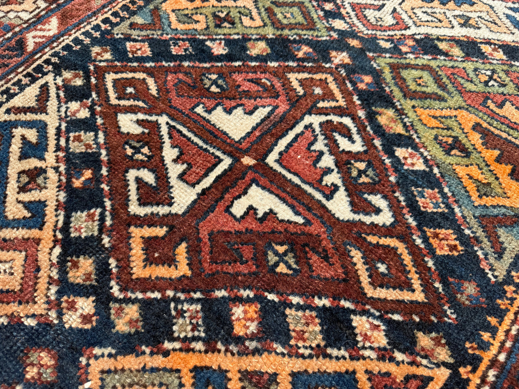 Antique Shahsavan Runner — Indigo & Saffron Tribal Geometry | 3'5" × 9'6"