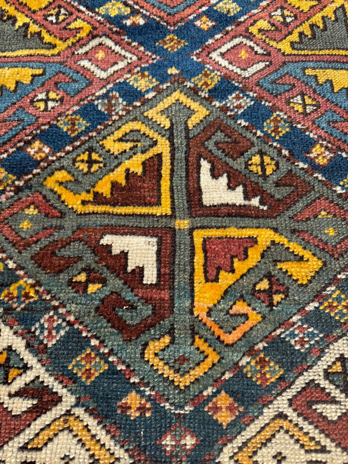 Antique Shahsavan Runner — Indigo & Saffron Tribal Geometry | 3'5" × 9'6"