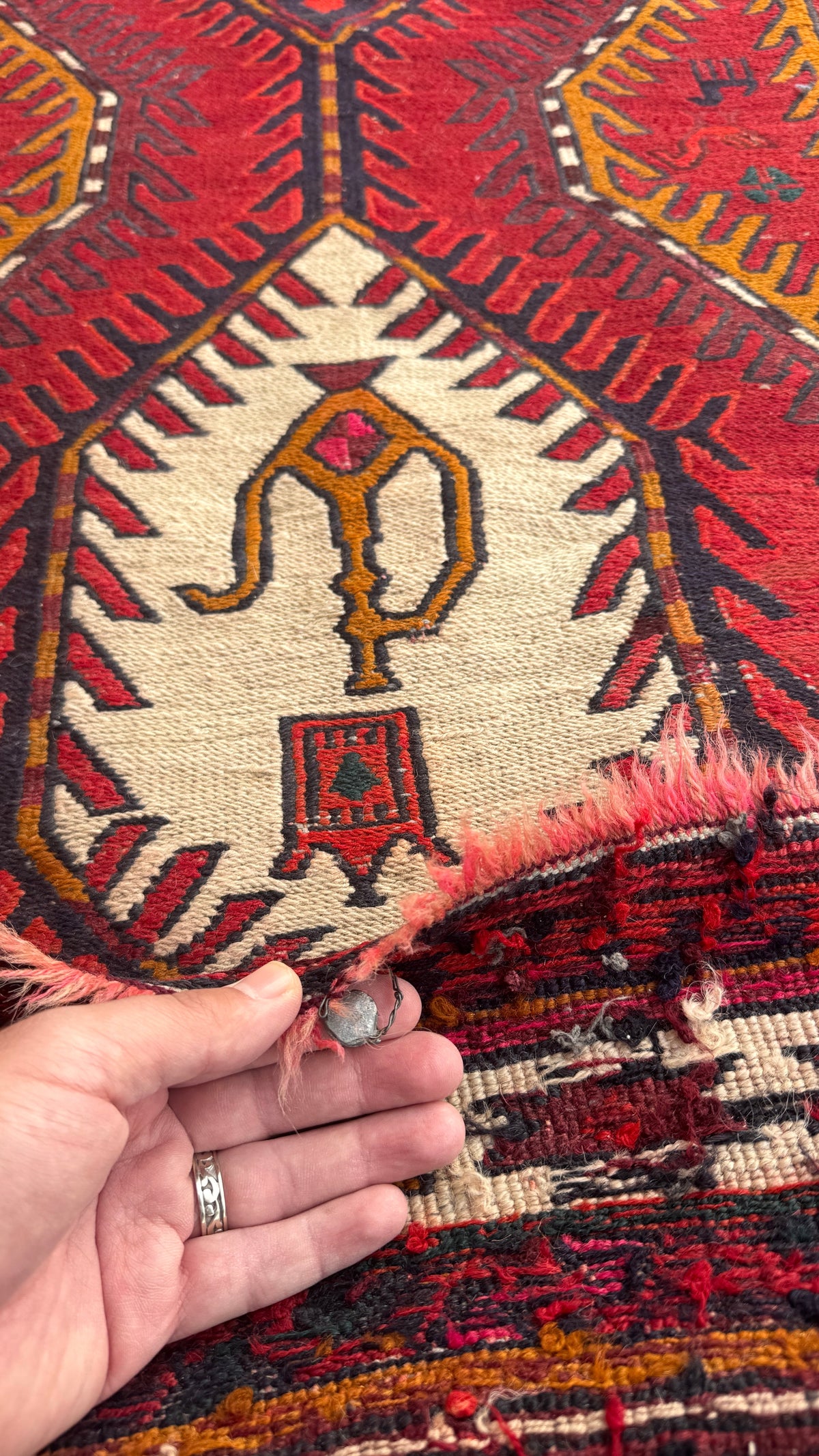 Persian Azerbaijan Soumak Runner — Ruby & Ivory Linked Diamonds | 3'9" × 11'
