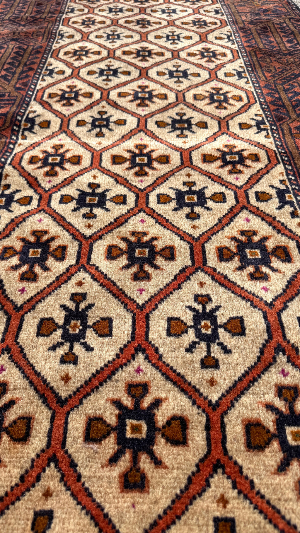 Quchan Kurdish Runner — Ivory Rosette Lattice & Rust Border | 2'10" × 6'9"